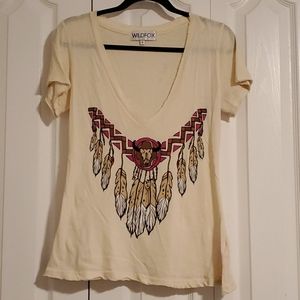 Wildfox Feather V-Neck Tee Small